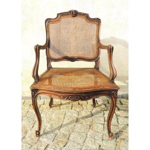 Louis XV Armchair, Solid Wood, Flat Back And Cane Seat, Late 18th 
