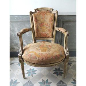 Period Louis XVI Armchair, Lacquered Painted Wood And Period Point Tapestry, 18th 