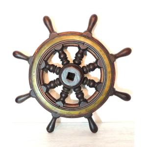 Old Boat Wheel, Rudder Bar, Steering Wheel, Wood And Bronze 20th