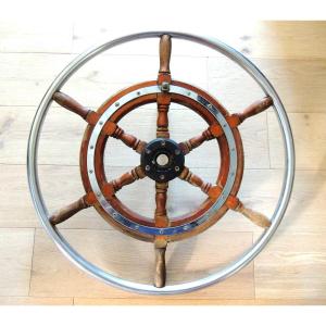 Old Boat Wheel, Rudder, Steering Bar, Mahogany And Stainless Steel, 20th