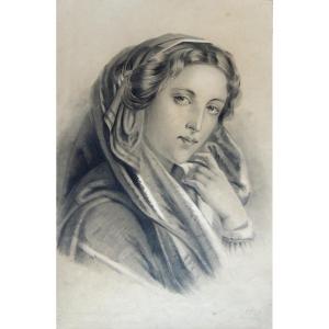 Pencil Drawing, Artist's Proof On Paper Plate No. 51, Portrait Of A Young Woman, 19th