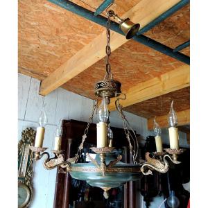 Empire Chandelier Decor With Swans Gilt Bronze And Tole With 6 Arms Of Light, 20th 