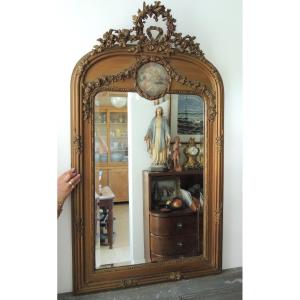 Miroir , Miroir De Cheminée , Glace En Bois Stuquée à Fronton , Louis XVI , 19 ème 
