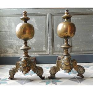 Pair Of Andirons Said Aux Marbousets, Louis XIV Regency, Bronze And Wrought Iron, 17th Century 