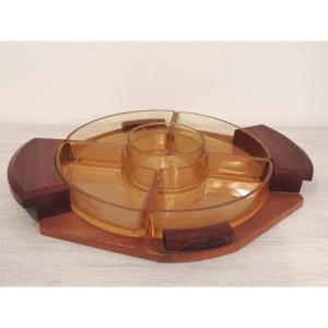 Compartment Tray, 5 Glass Elements On Exotic Wood Base, Serving Tray, 20th Century