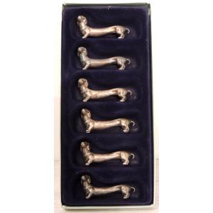 Silver Metal Knife Holder, 6 Dachshunds Beautifully Represented, Tableware, 20th Century 