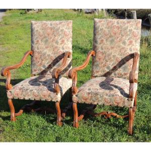 Pair Of Louis XIV Armchairs In Walnut, Regency Upholstered Model, 19th Century 