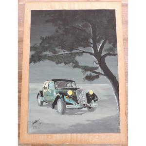 Peinture Sur Papier Avec Réhausse Encre De Chine Et Blanc , Citroën Traction 15  Signée De 1989