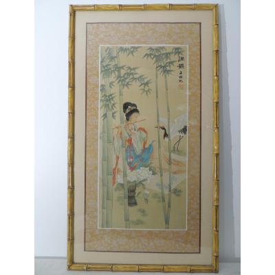 Painting On Silk, Gouache Painting Of A Young Asian Musician, 20th