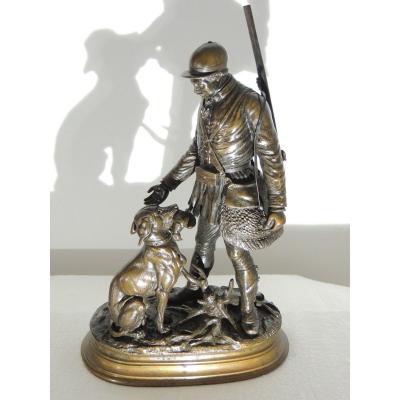 édouard Paul Delabrierre (1829-1912) Chasseur Et Son Chien Sculpture En Bronze