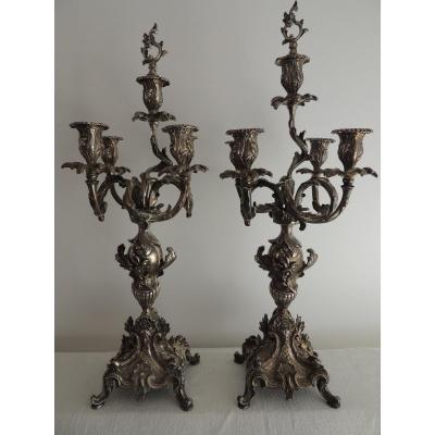 Pair Of Candelabra In Silver Bronze Louis XV Style Rocaille Decor 19th Century