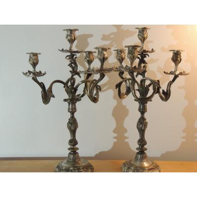 Pair Of Candelabra, Torches, Candlesticks, Louis XV Silver Bronze Candlesticks