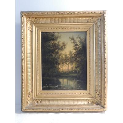 tableau Peinture à l' Huile Sur Panneau Bois ,Paysage Lacustre ,De Louis Hendricks (1827-1888) 