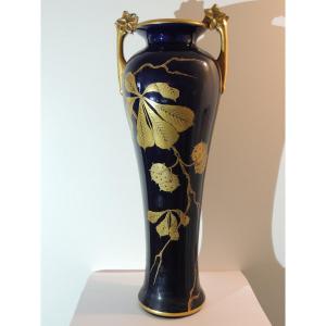 Large Blue Tower And Gold Ceramic Vase, Art Nouveau, 20th Century