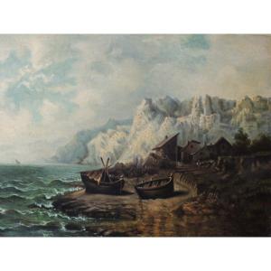 Marine Painting, Marine Painting On Canvas, Seaside Fishing Village, 19th