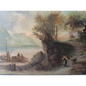 Marine Painting, Oil Painting On Canvas, Transport Of Goats By Boat, 19th Century