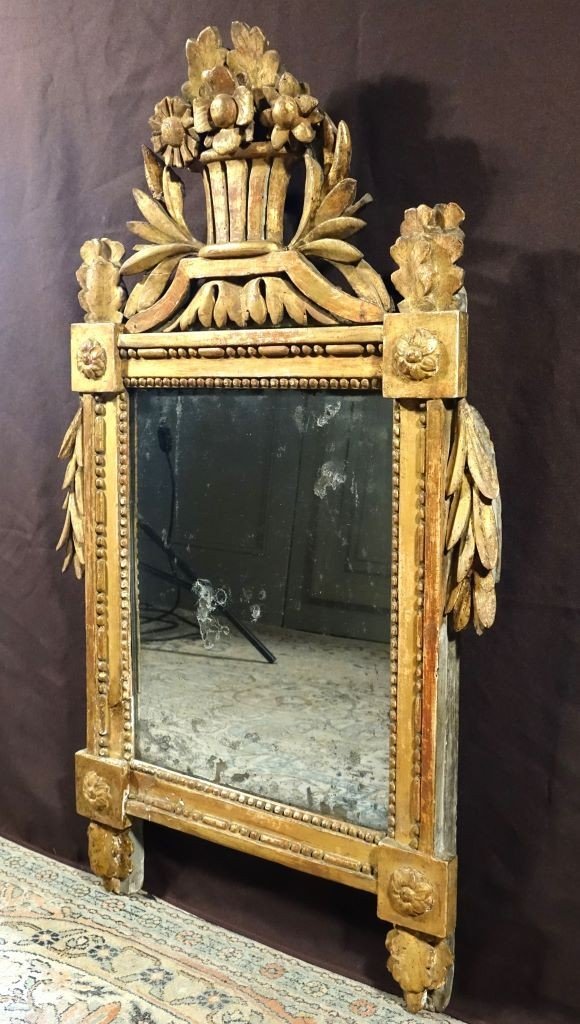 Miroir provençal à Fronton d'époque Louis XVI en bois doré-photo-2