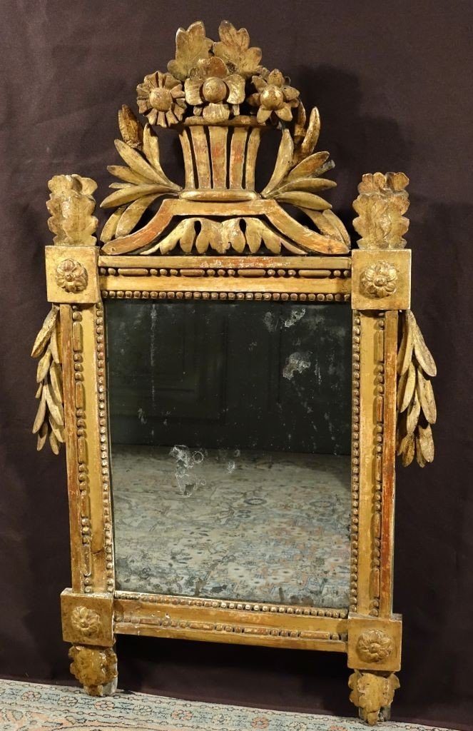 Miroir provençal à Fronton d'époque Louis XVI en bois doré-photo-3