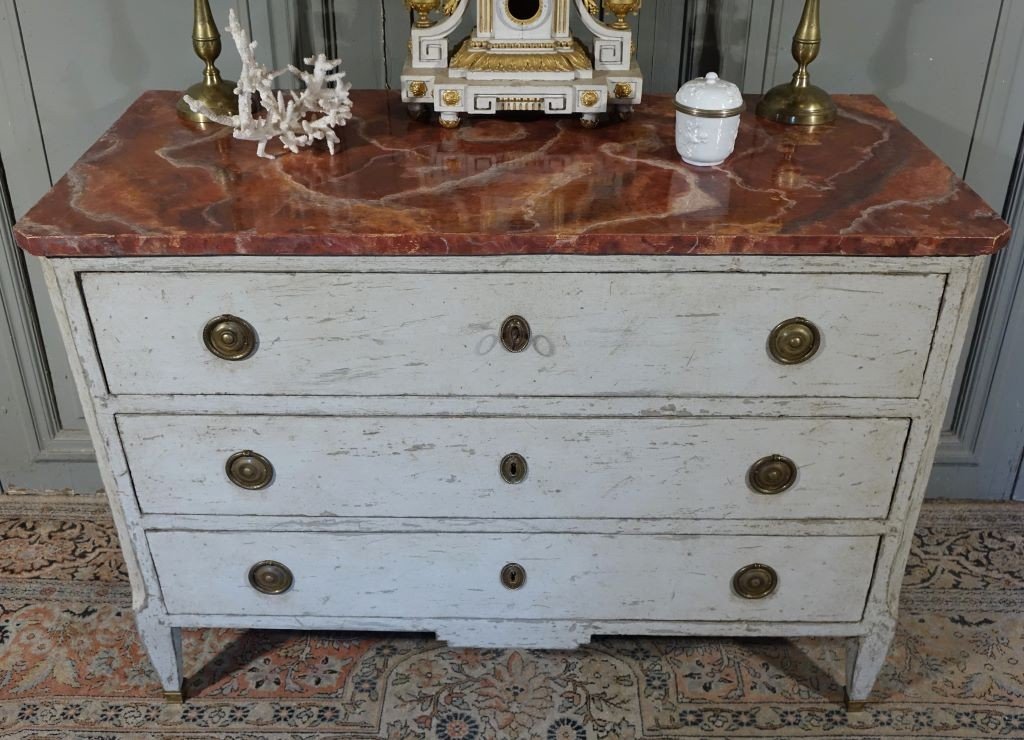 Commode d'époque Louis XVI / Directoire. Plateau Faux Marbre.-photo-1