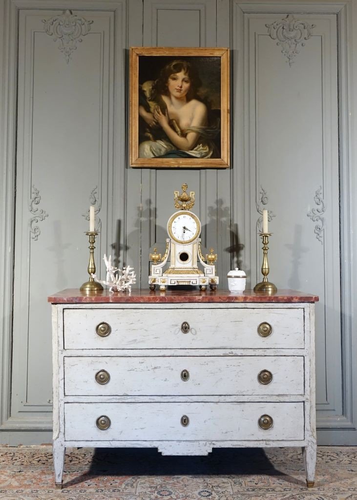 Commode d'époque Louis XVI / Directoire. Plateau Faux Marbre.