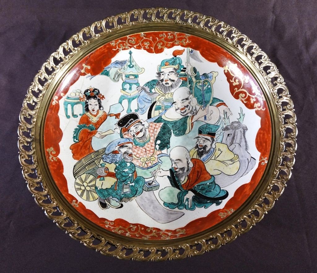 Large Kutani Porcelain Dish With Gilt Bronze Mounts