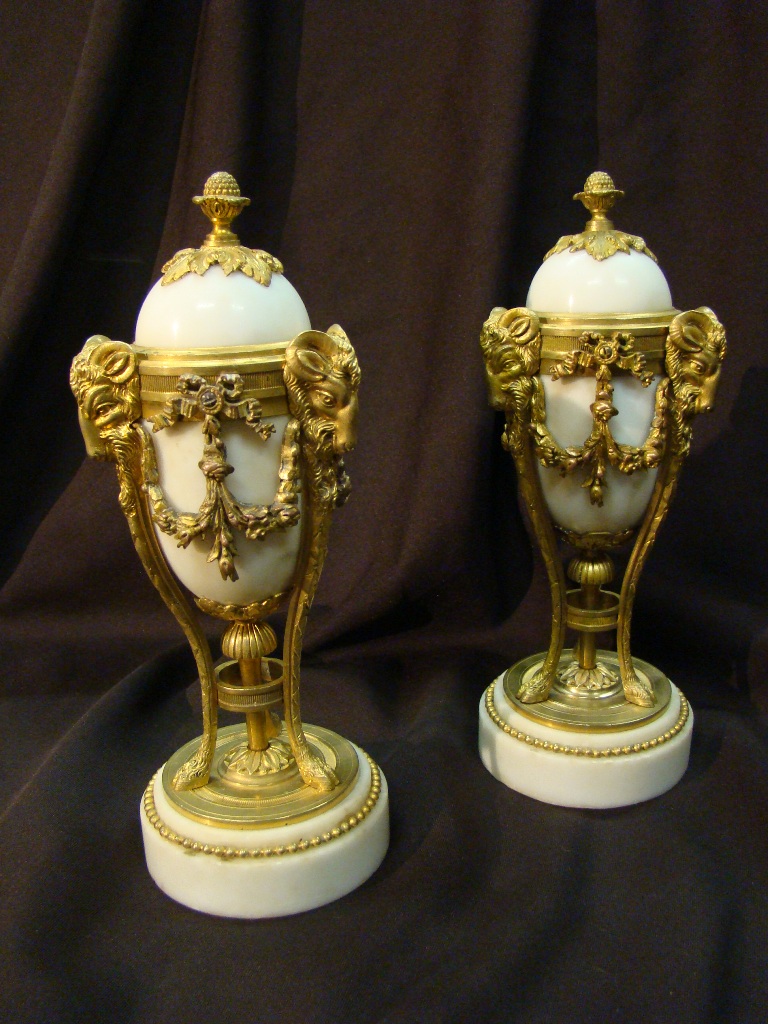 Pair Of Cassolettes In Marble And Gilt Bronze