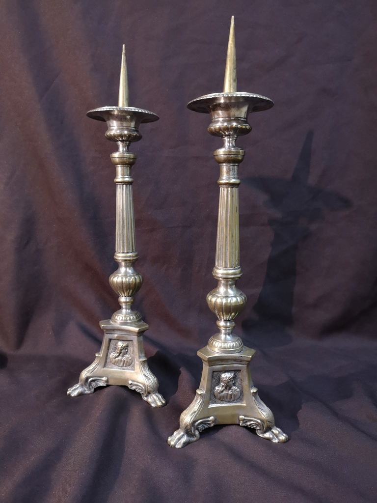 Pair Of Silver Candlesticks In Silver Bronze. 19th Century