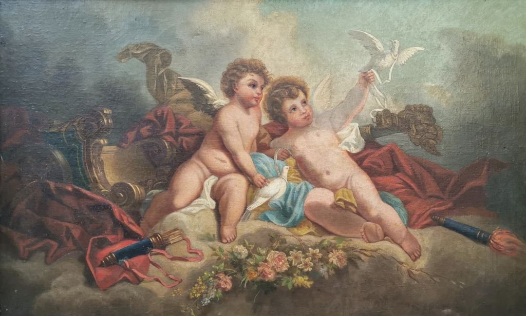 Huile sur toile - Allégorie Amour Char angelots colombes. Epoque début XIXème-photo-2