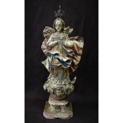 Vierge En Bois Sculpté Polychrome Et Doré. Epoque Début XVIIIème.