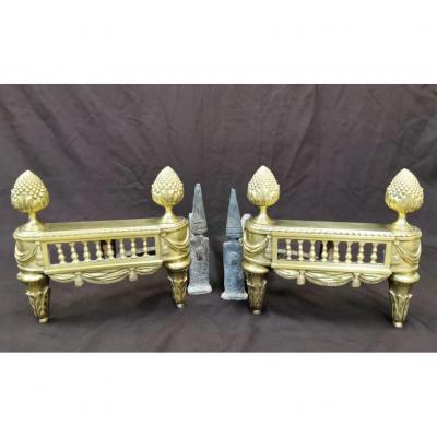 Pair Of Andirons In Polished Bronze, Louis XVI Period