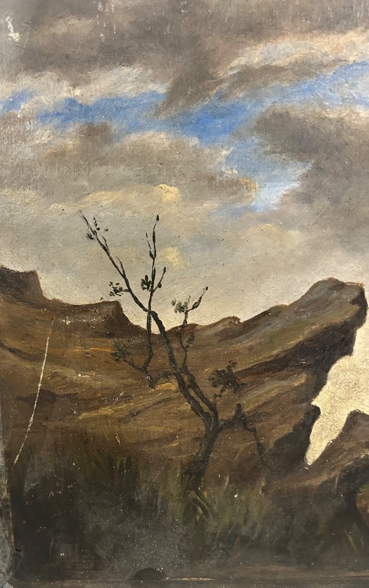 Paysage Tourmenté . Huile sur papier XIXème siècle -photo-2