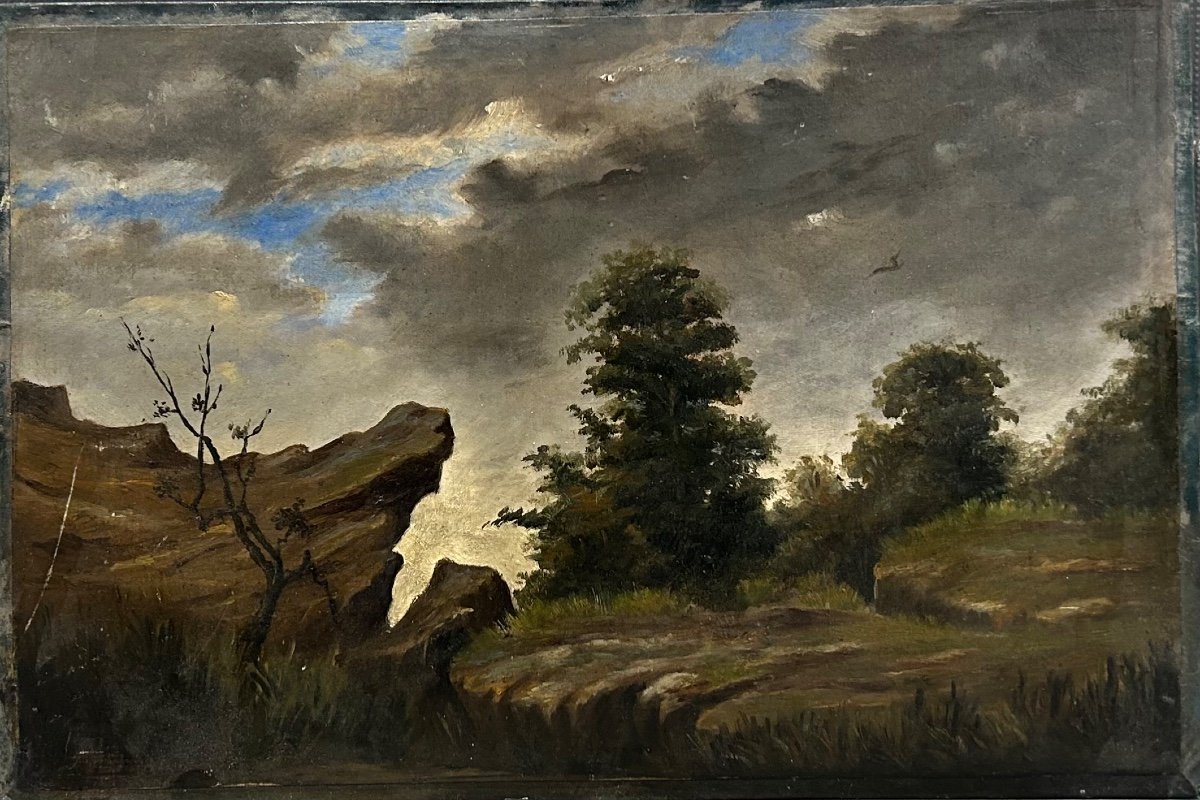 Paysage Tourmenté . Huile sur papier XIXème siècle 