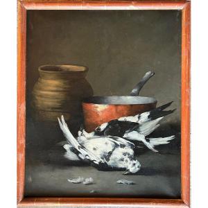 Paire De Tableaux : Pigeons & Pintade Sur Un Entablement 