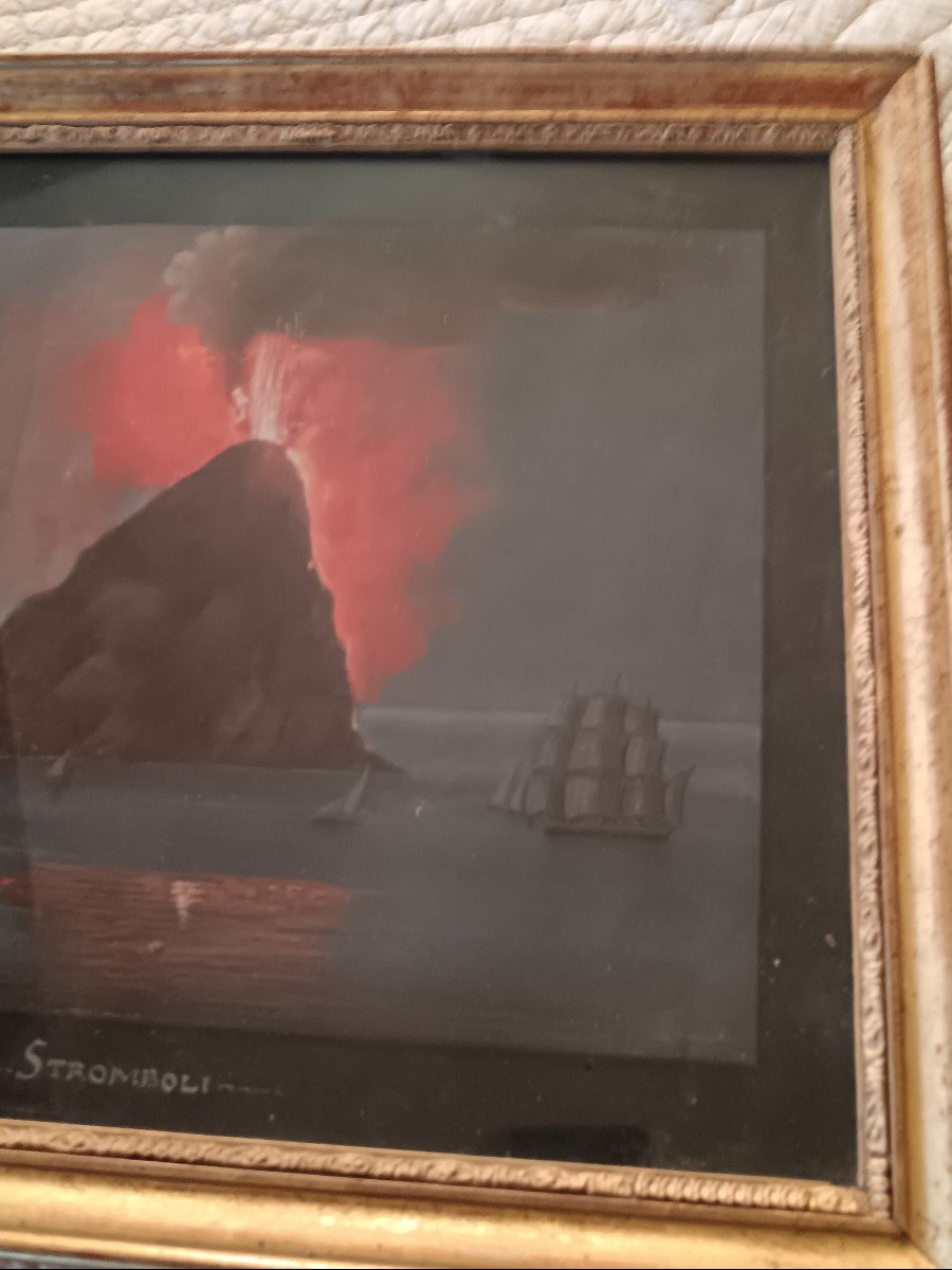 Gouache Napolitaine,XIXe, "Île de Stromboli"-photo-1