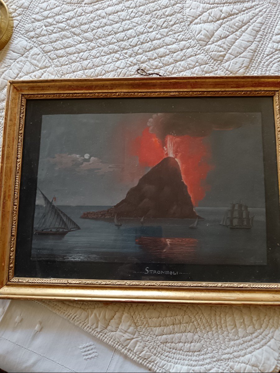 Gouache Napolitaine,XIXe, "Île de Stromboli"