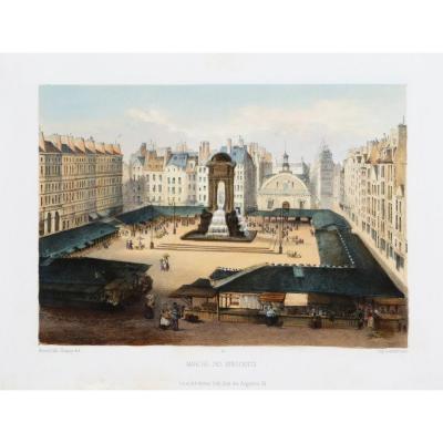 Lithographie ancienne - Marché des Innocents -  les halles -Paris