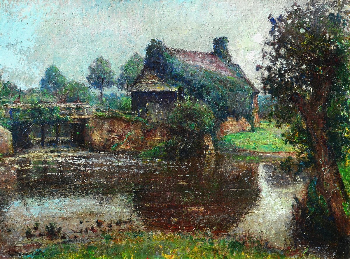 Raoul David (1876-1950) Glazed Rennes Brittany "roussières Mill In Pocé Les Bois 1942"-photo-2