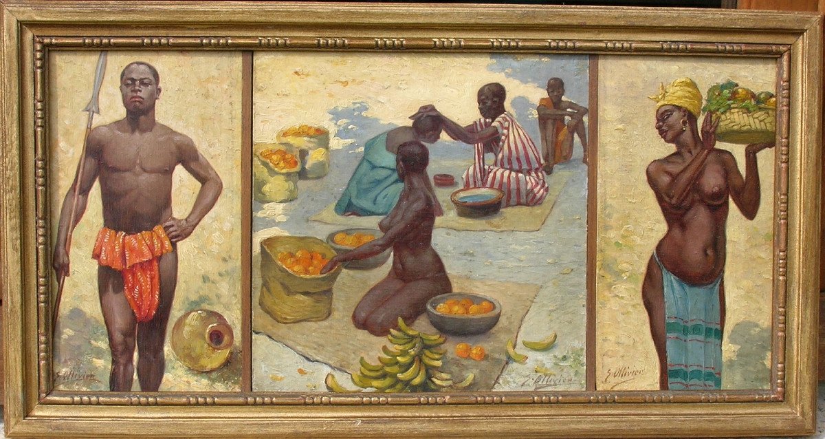 GASTON  OLLIVIER (1867-1937) SAINTES ( CHARENTE-MARITIME) triptyque AFRIQUE (CONGO)