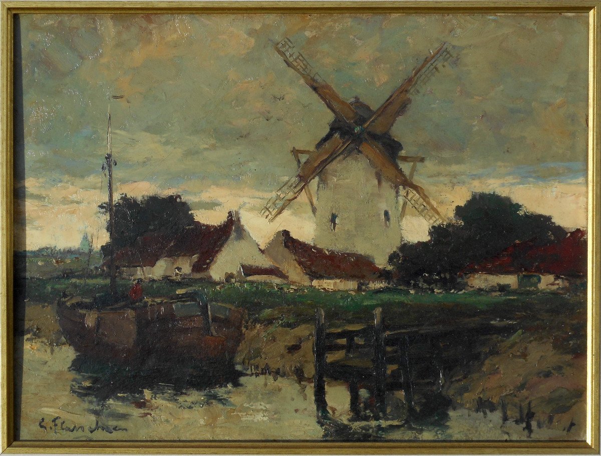 Gustave FLASSCHOEN (1868-1940) peintre belge " moulin en HOLLANDE" BELGIQUE-photo-2