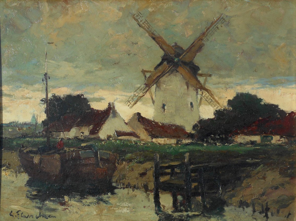 Gustave FLASSCHOEN (1868-1940) peintre belge " moulin en HOLLANDE" BELGIQUE-photo-3