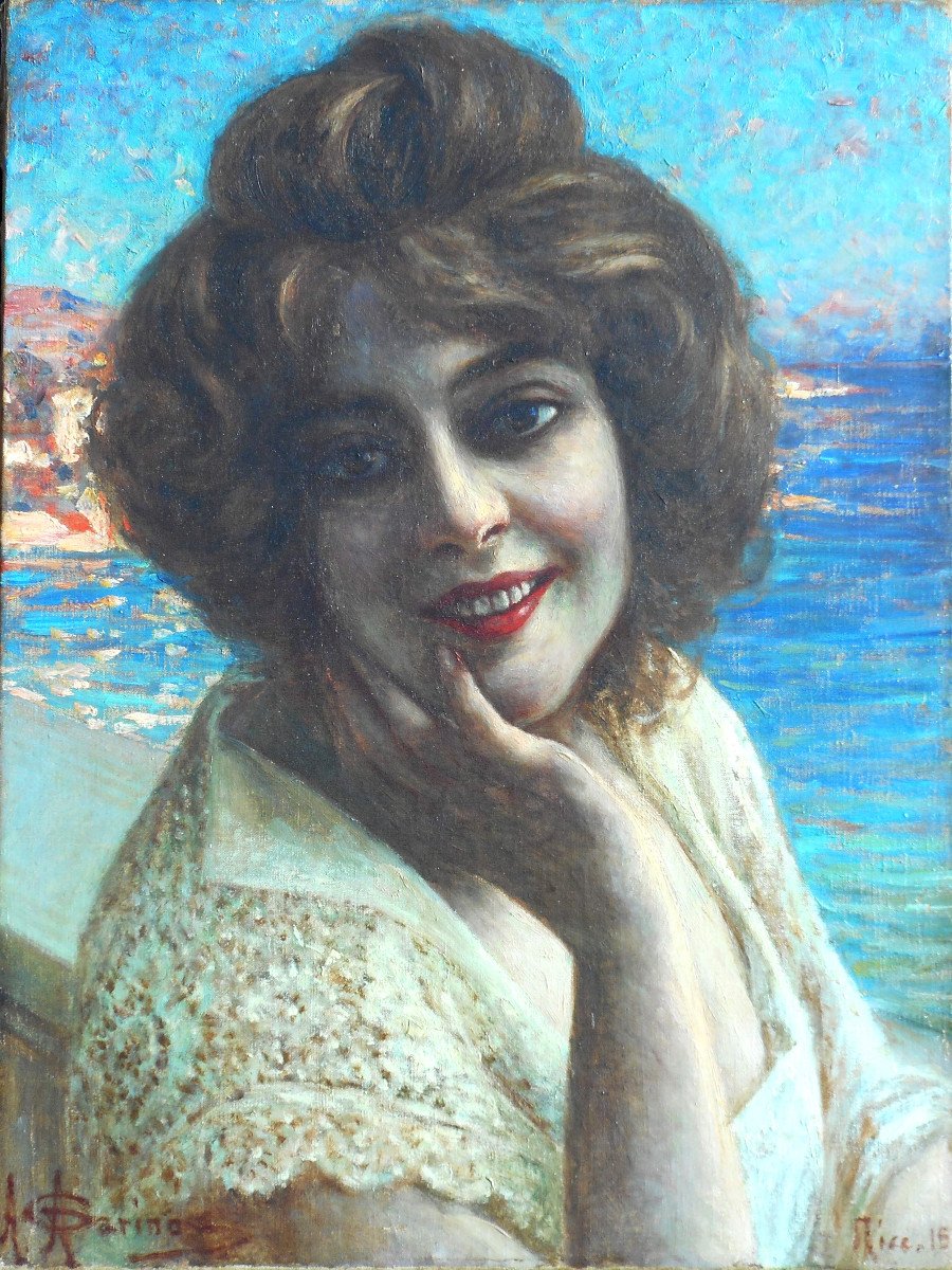 ANGELO  GARINO (1860-1945)  HST 50,5 x 38 cm - NICE 1915- portrait d'une élégante ITALIE