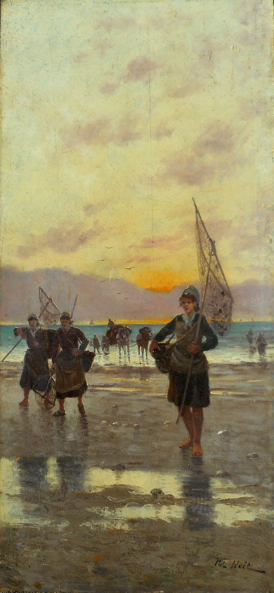 Pol Noel (1850-?) The Shrimp Fisherwomen-hsb 65 X 29.5 Cm (86 X 51 Cm Framed)-photo-2