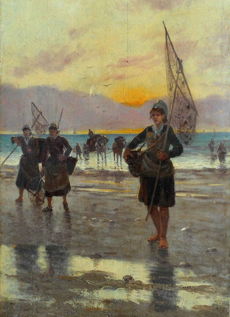 Pol Noel (1850-?) The Shrimp Fisherwomen-hsb 65 X 29.5 Cm (86 X 51 Cm Framed)-photo-4