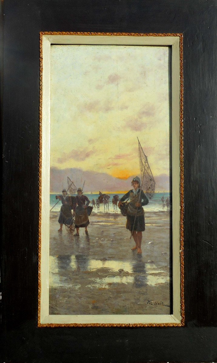 Pol Noel (1850-?) The Shrimp Fisherwomen-hsb 65 X 29.5 Cm (86 X 51 Cm Framed)