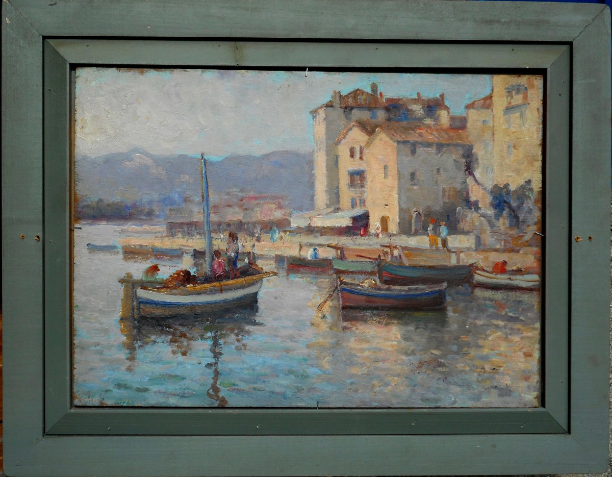 Jean Ausilia (1878-?) Boats In Front Of The Nord Jetty In Alger - Algeria (algeria) 33x46cm Biface-photo-3