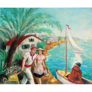 Marcel PRUNIER ( 1894-1988) côte d'azur (composition) HST 54 x 65 cm