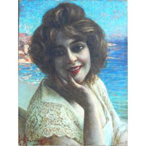 ANGELO  GARINO (1860-1945)  HST 50,5 x 38 cm - NICE 1915- portrait d'une élégante ITALIE