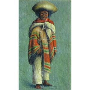 CHILI,  BOLIVIE, PEROU ? paire de tableaux -homme femme en costume traditionnel- monogrammés 