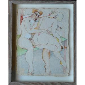 Mixed Technique Monogrammed Kg And Dated 1987 - Erotic Scene (unidentified Artist)