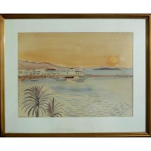 Geneviève GALLIBERT (1888-1978) MYKONOS  Grèce le port au couchant 1964